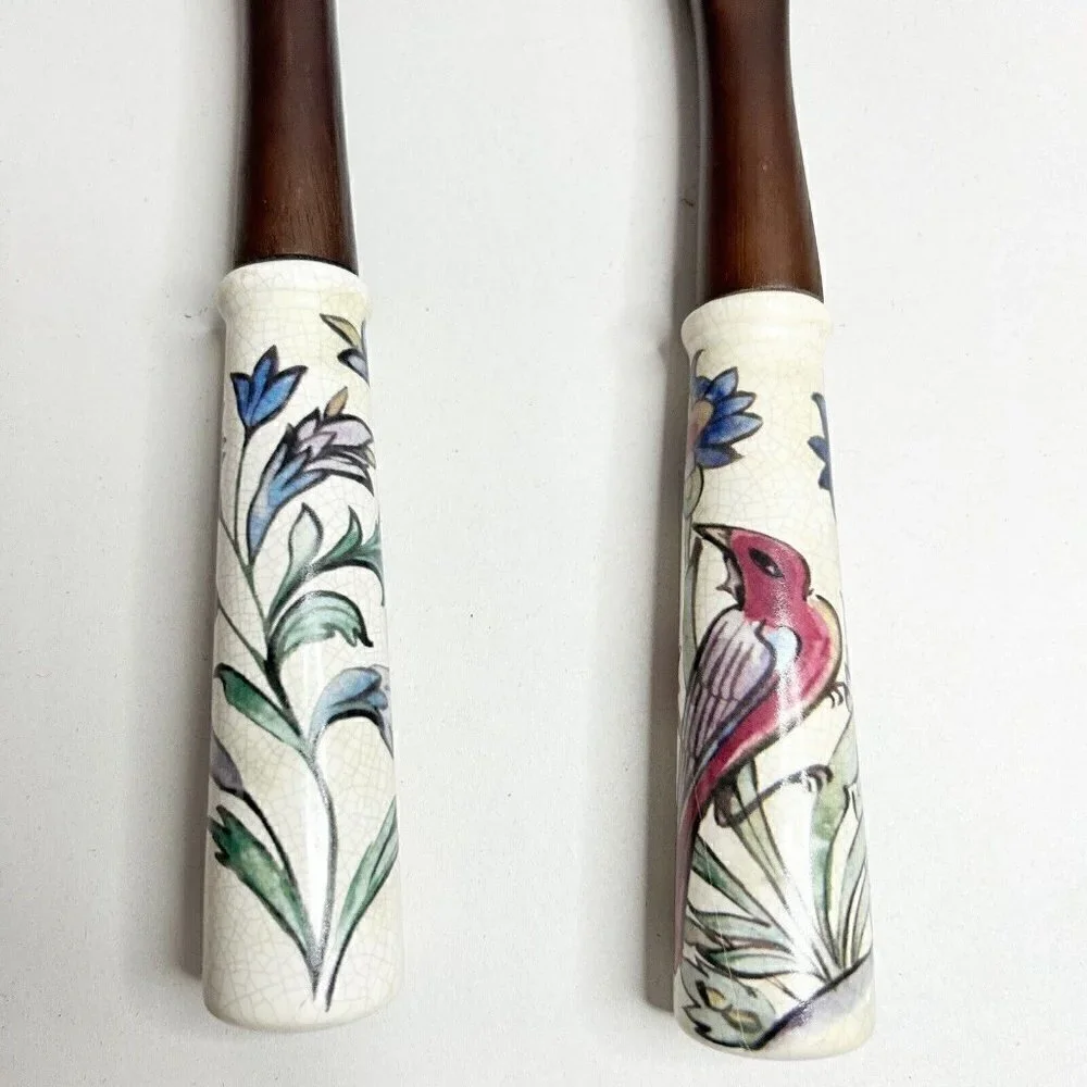 Wooden Salad Serving Fork Spoon Set w/ Porcelain Floral/Bird Handles 13